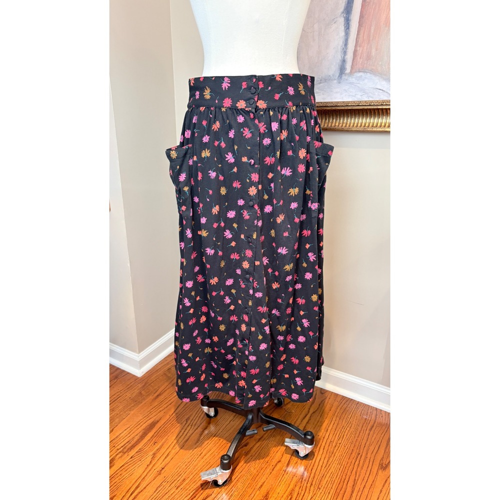Vintage Laura Ashley Black Floral Cotton Maxi Skirt Button Front Pockets Large